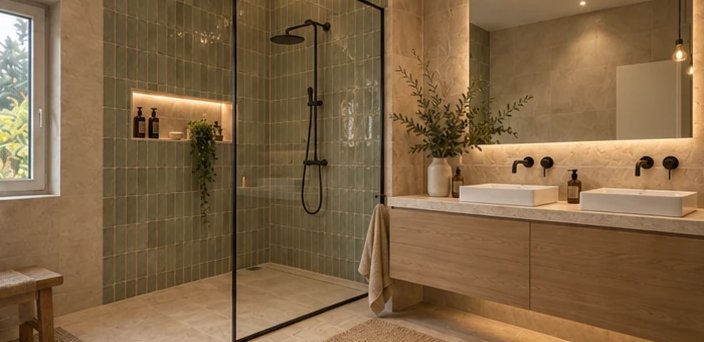 Salle de bain rénovée : douche à l'italienne, zellige vert, double vasque sur meuble bois